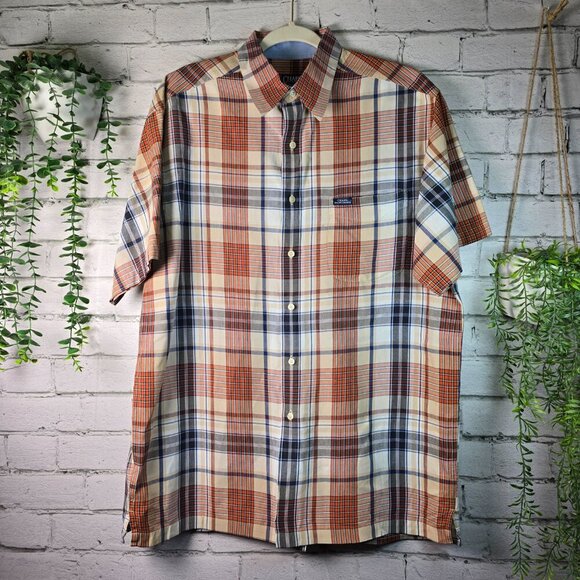CHAPS BY RALPH LAUREN SHORT SLEEVE BUTTON DOWN ORANGE AND BLUE PLAID LARGE - Picture 2 of 7
